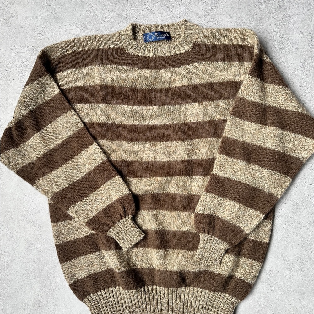 Vintage Faconnable wool brown beige stripe oversized crewneck sweater